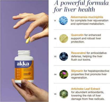 AKKA Akkermansia Probiotic, Liver Cleanse, Detox & Repair, Non-GMO, 60 Caps Liver health support for energy, digestion & metabolism with akkermansia muciniphila. Gluten-free.